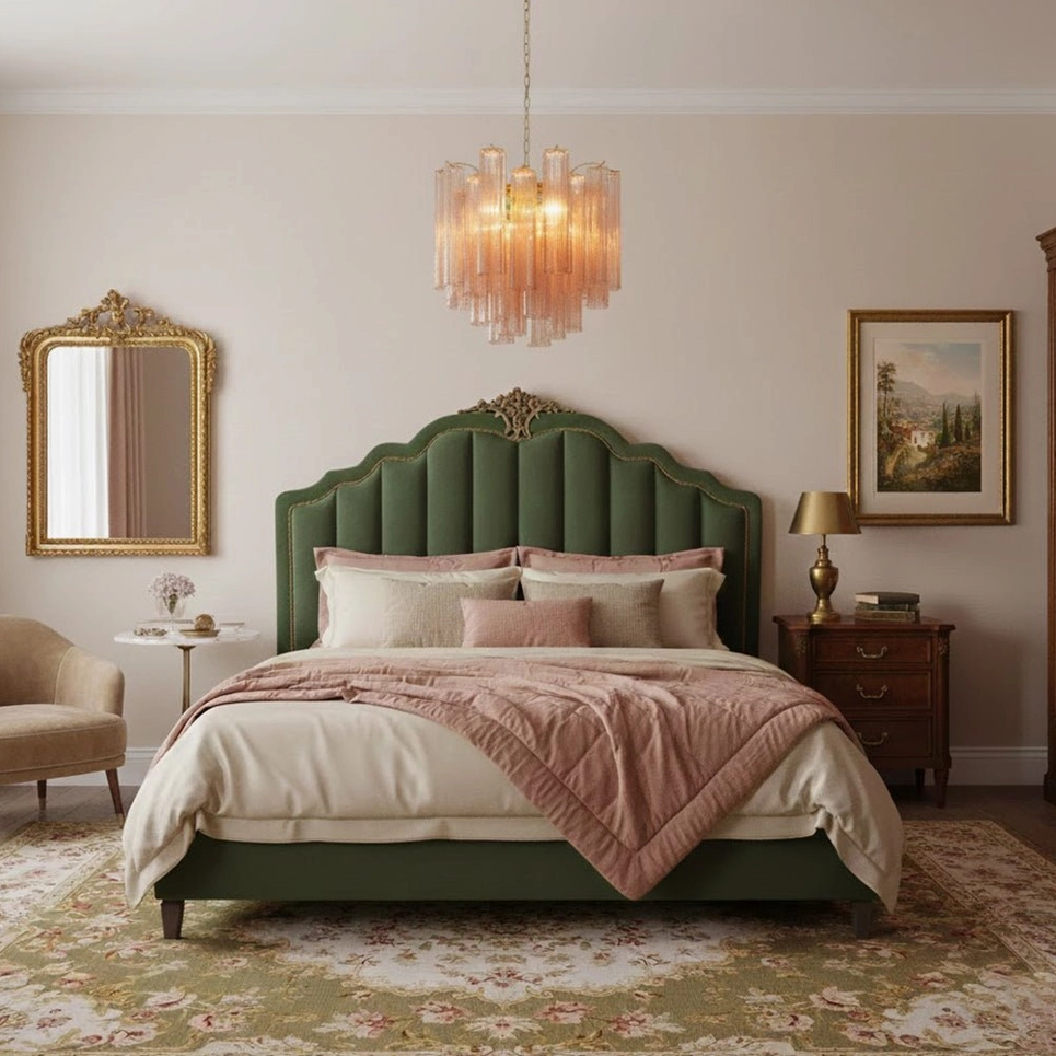 Addis warm murano glass chandelier bedroom green headboard neoclassical cozy decor