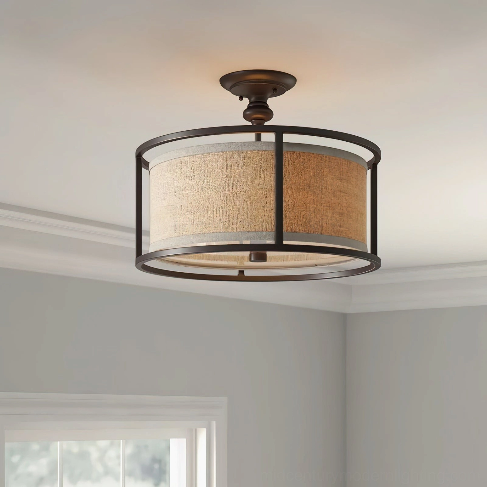 Addyson semi-flush ceiling lamp three-quarter front view in minimalist living space with rustic farmhouse decor styling and warm ambient lighting