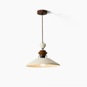 Adelaide mid-century pendant light with beige resin shade and walnut wood detailing, front studio view