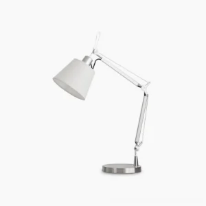 Modern adjustable arm table lamp with articulated joint and white tapered shade on silver metal base, front studio view