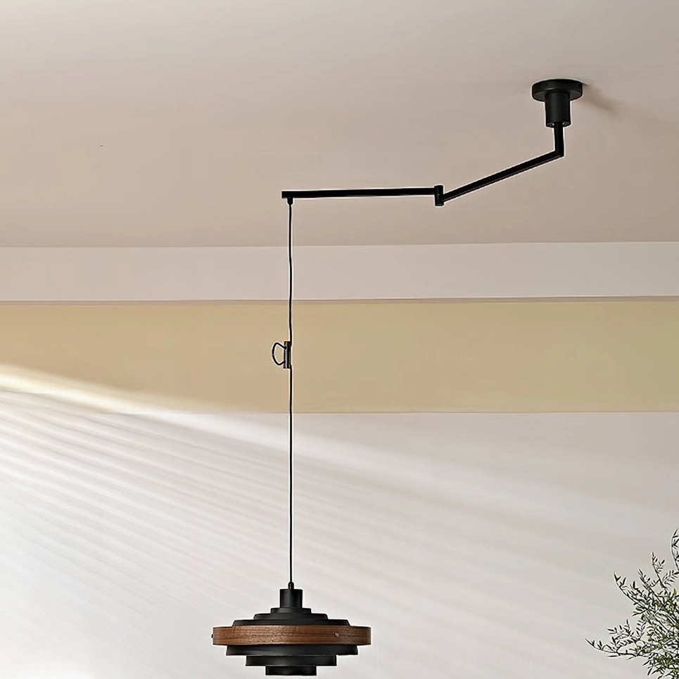 Rancho swing arm pendant light with dark wood layered shade and black metal arm side view