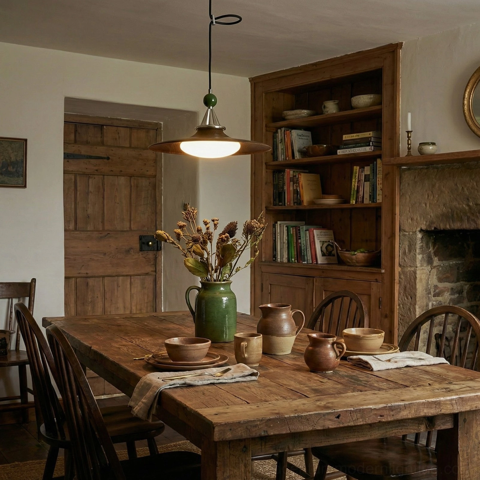 Mid-century swing arm pendant light in farmhouse dining space with wooden table and built-in bookshelf, creating layered interior lighting