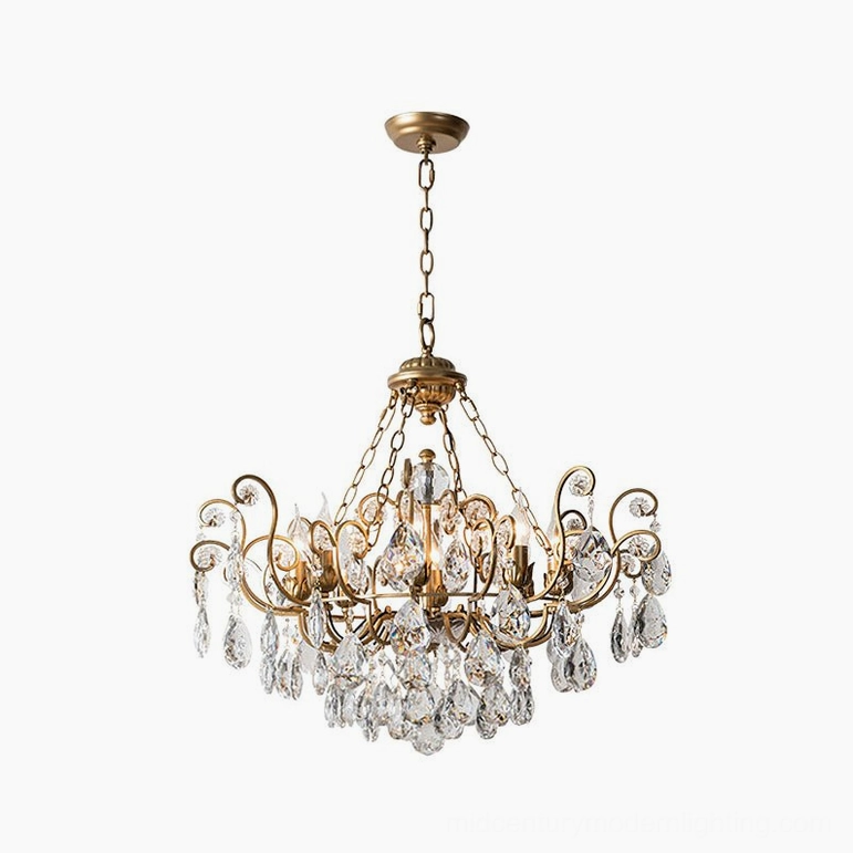 Aeliana Crystal Chandelier 8-head gold finish highlighting scrolling metal flourishes and high-clarity crystal pendants
