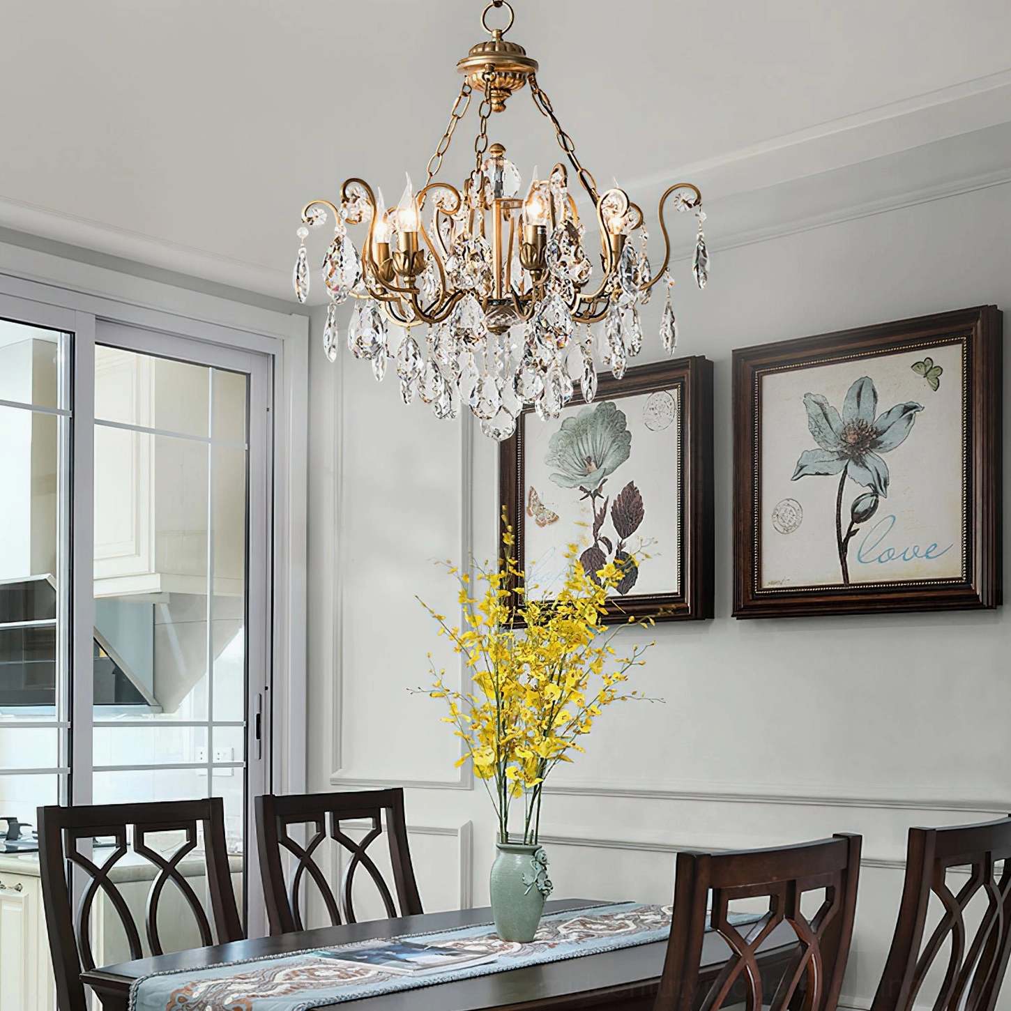Aeliana Crystal Chandelier installed in classic retro luxury dining room with bronze metal frame and clear crystal droplets
