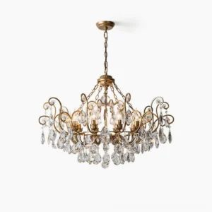 Aeliana Crystal Chandelier full frontal view with antique bronze scrollwork metal frame and hanging crystal pendants on white background