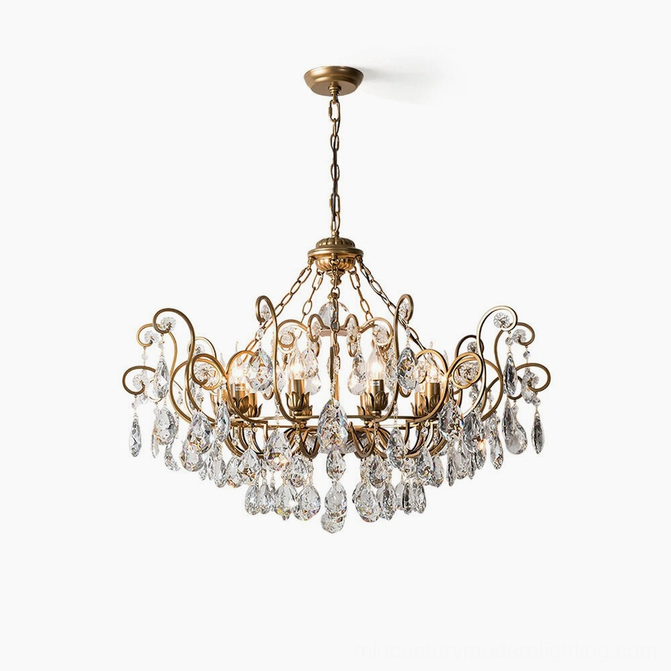 Aeliana Crystal Chandelier full frontal view with antique bronze scrollwork metal frame and hanging crystal pendants on white background