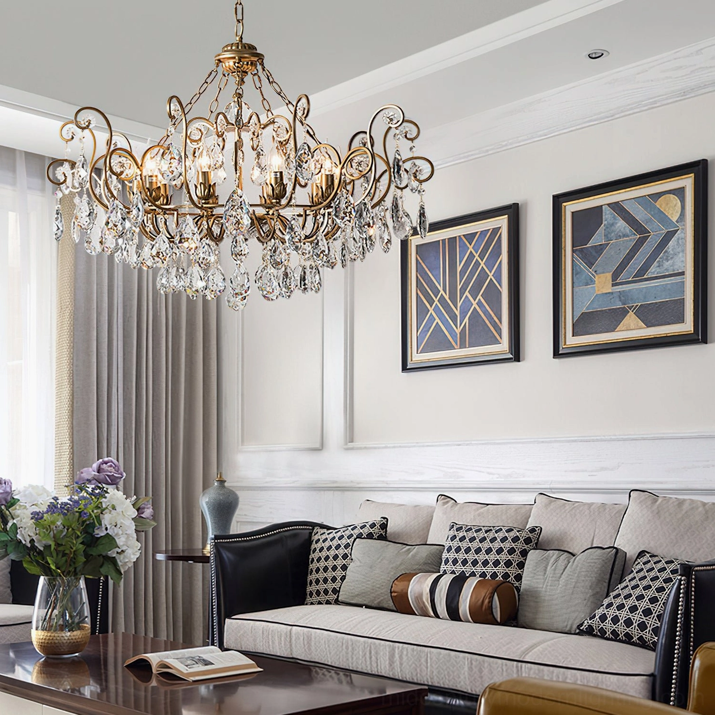 Aeliana Crystal Chandelier displayed in modern American style living room showing elegant luxury lighting that complements sophisticated home decor