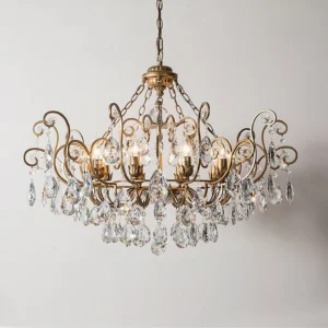 Overhead close-up detail of Aeliana Crystal Chandelier showing brass frame and faceted crystal decorations in vintage luxury style