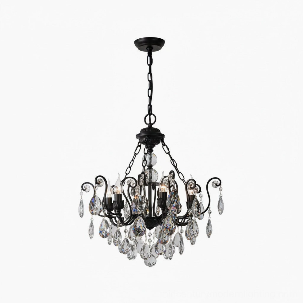 Full product shot of Aeliana Crystal Chandelier showing multiple sizes and finish options in gold and black