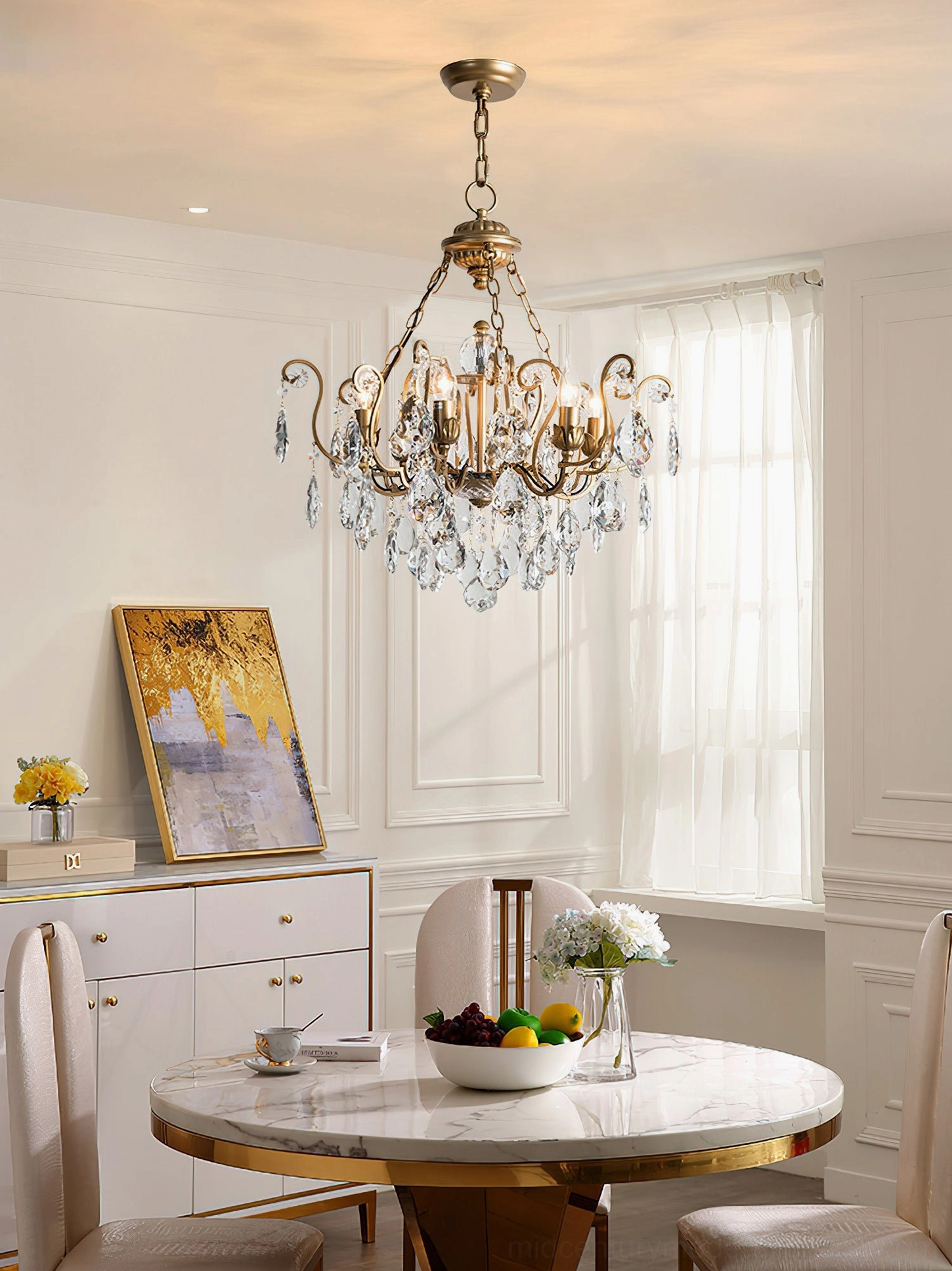 Aeliana Crystal Chandelier in compact dining room demonstrating light luxury American home decor style in smaller space