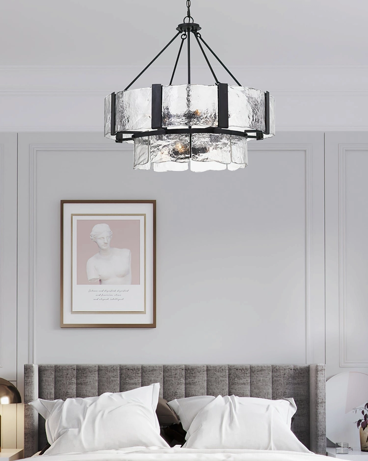 Aenon textured glass chandelier in modern master bedroom with minimalist art and tufted headboard