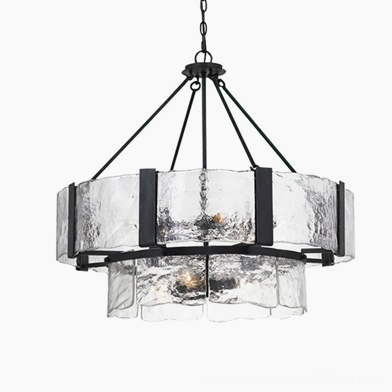 Aenon glass chandelier grand size showing full double-layer structure and rippled textured glass panels