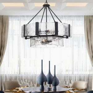 Aenon glass pendant chandelier installed in modern luxury dining room creating ambient lighting above table