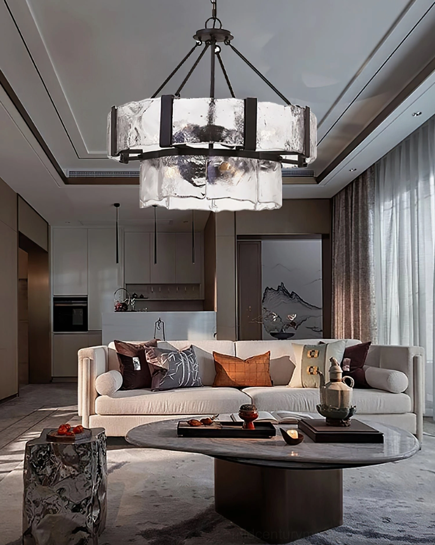 Aenon dual-tier chandelier overhead view in open-concept modern home with neutral color palette