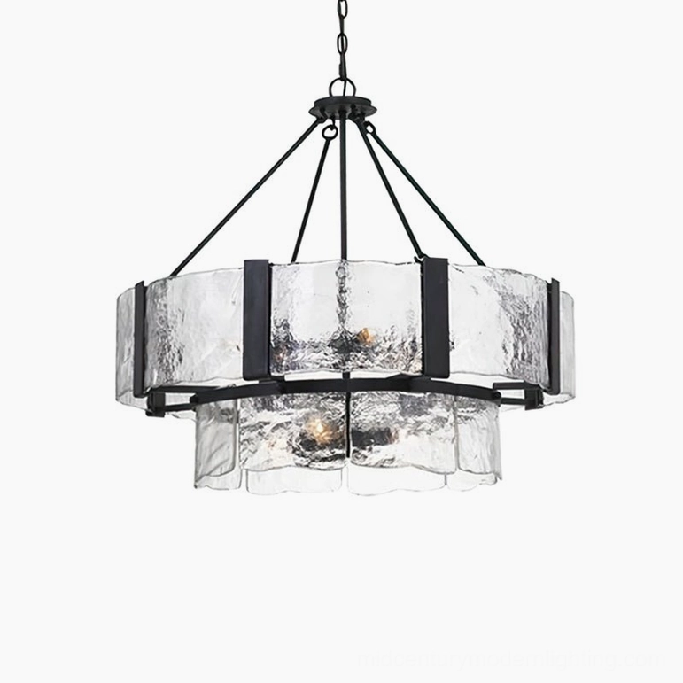 Aenon two-tier rippled glass chandelier close-up front view showing textured glass detail and black metal frame