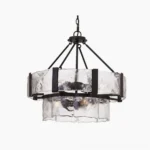 Aenon double-layer glass chandelier front view with rippled textured glass panels and black metal frame on white studio background