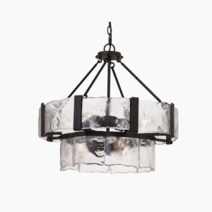 Aenon double-layer glass chandelier front view with rippled textured glass panels and black metal frame on white studio background
