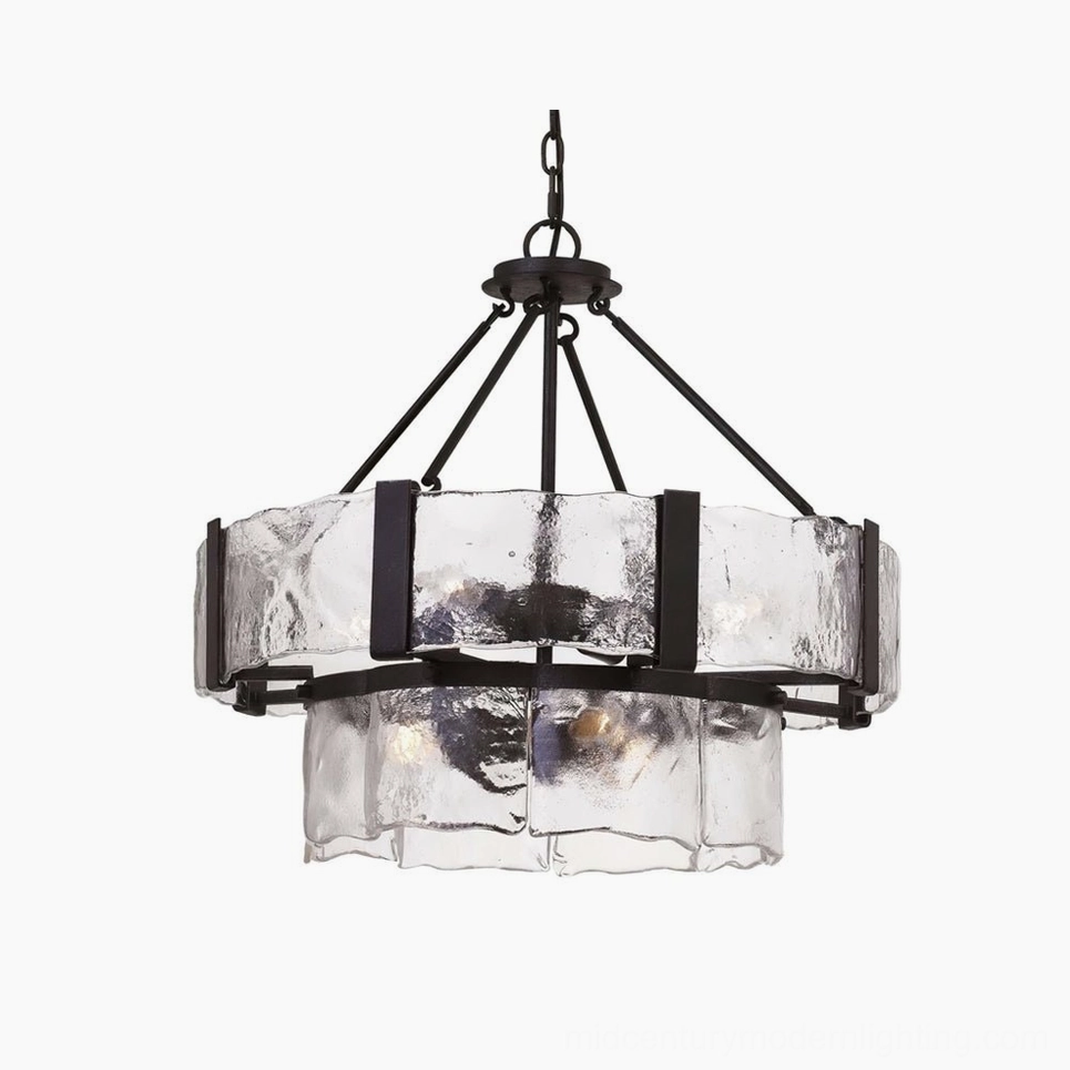 Aenon double-layer glass chandelier front view with rippled textured glass panels and black metal frame on white studio background