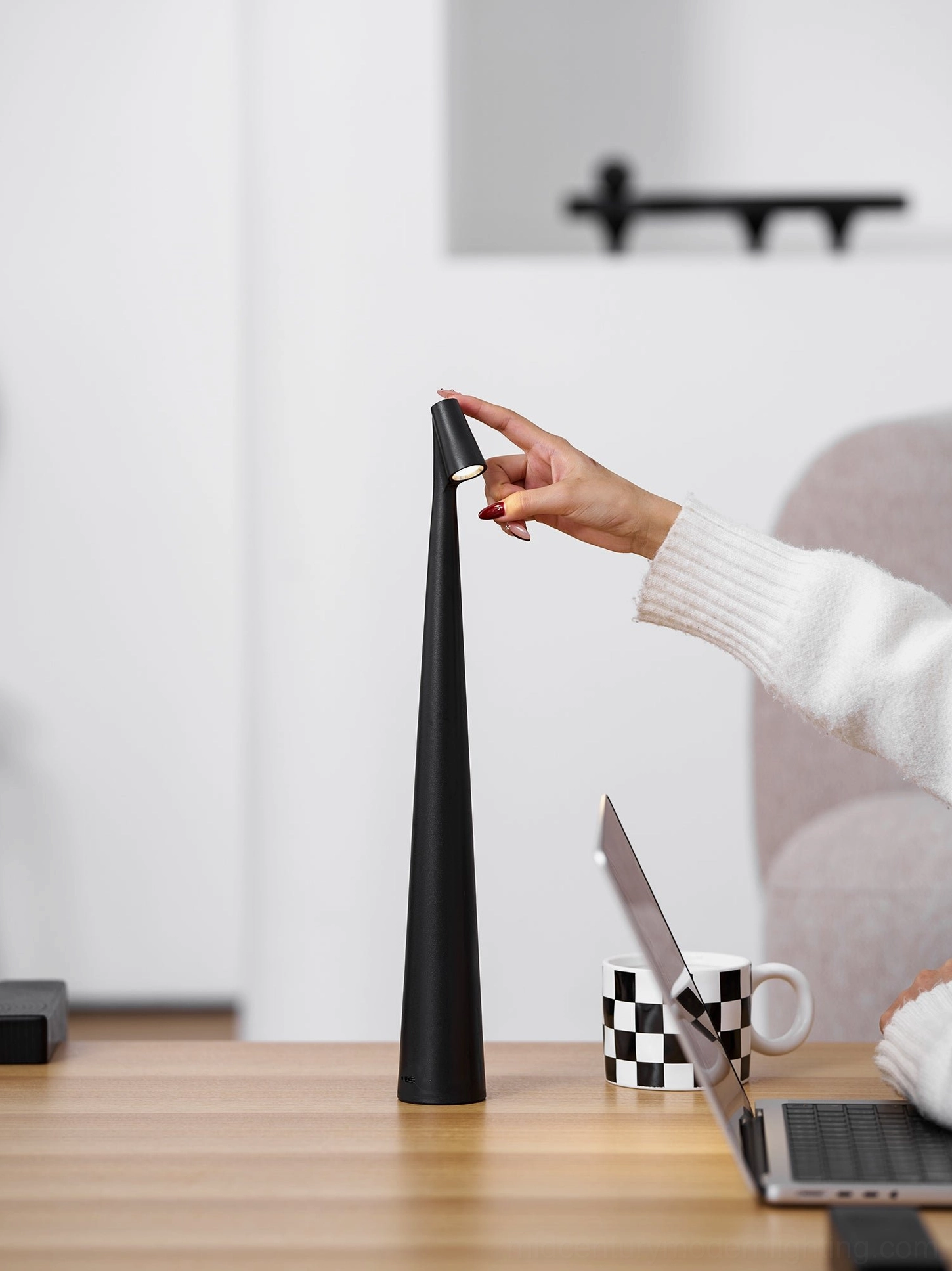 Africa cordless table lamp detail, USB charging cable and touch control mechanism