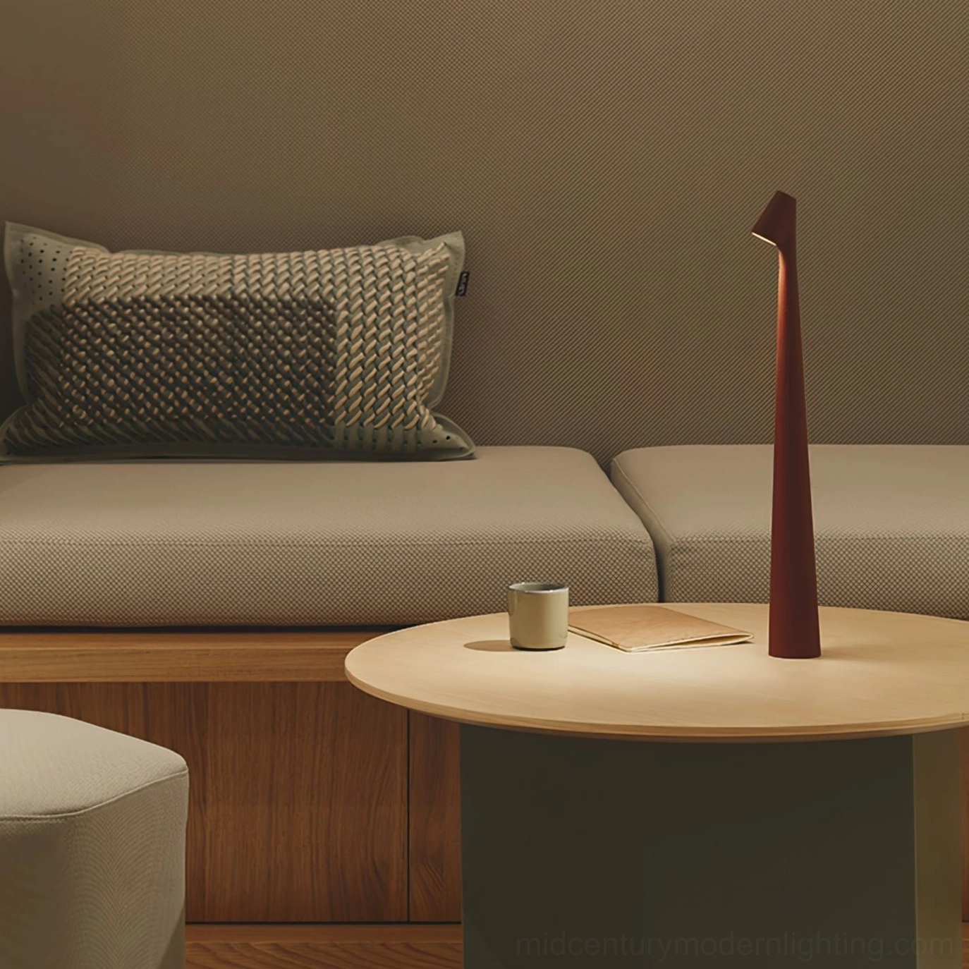 Africa cordless table lamp in warm reddish-brown finish illuminating living room lounge
