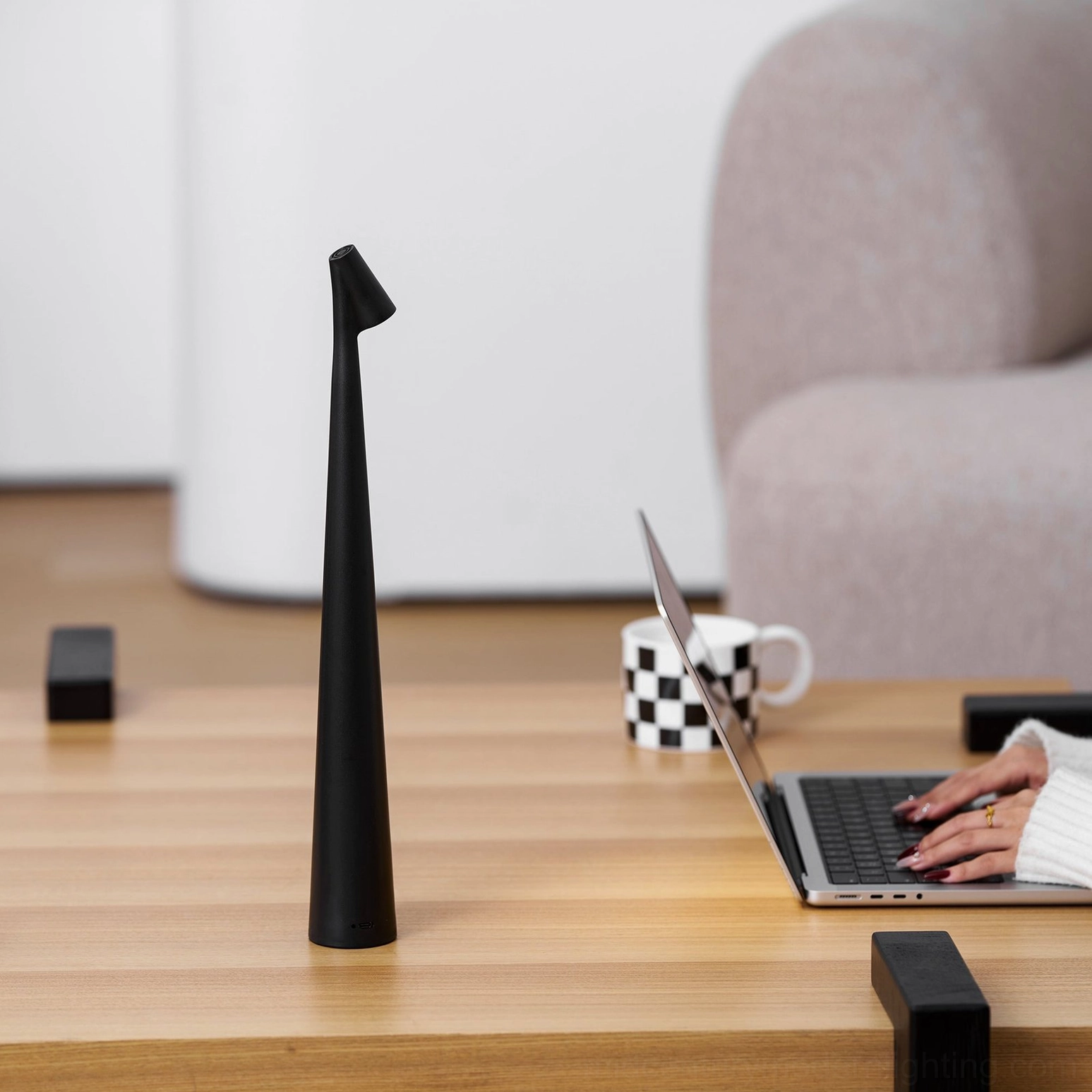 Africa cordless table lamp product shot, matte black finish, minimalist design