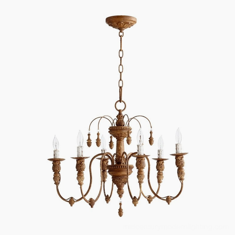 Eight-arm rustic candelabra chandelier with aged bronze-brown finish and detailed metal carvings