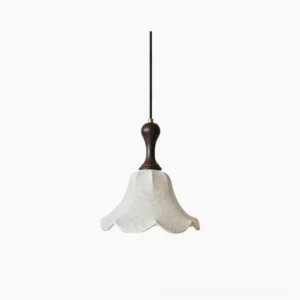Agnes Pendant Light with floral fabric shade and walnut wood fixture, front view on white background