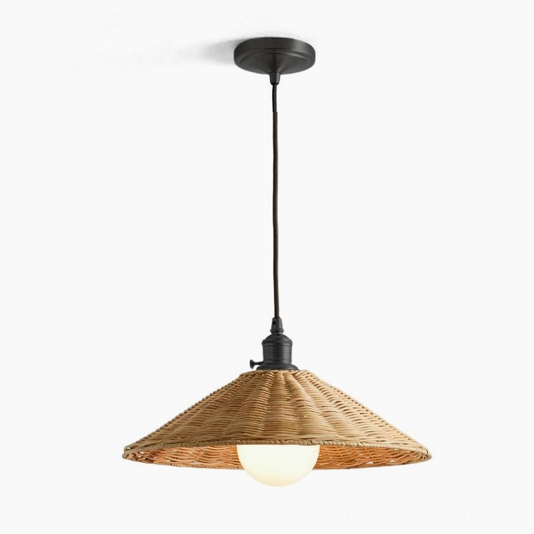 Agoura handwoven rattan pendant light large size with matte black hardware, front view