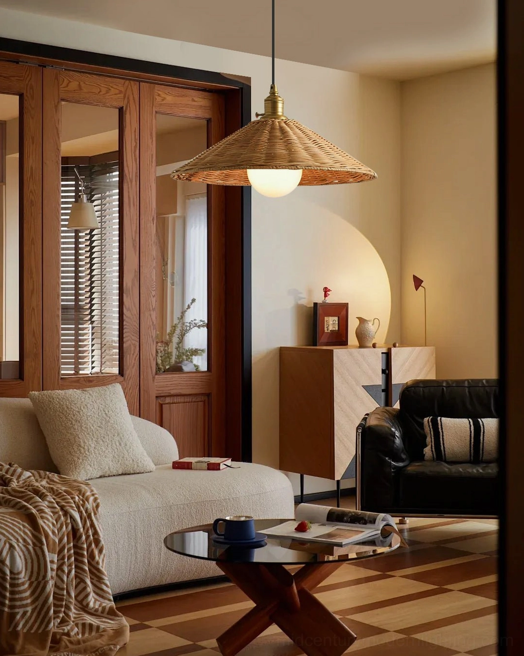 Agoura handwoven rattan pendant light in Japanese-style living room with fabric sofa and ambient lighting