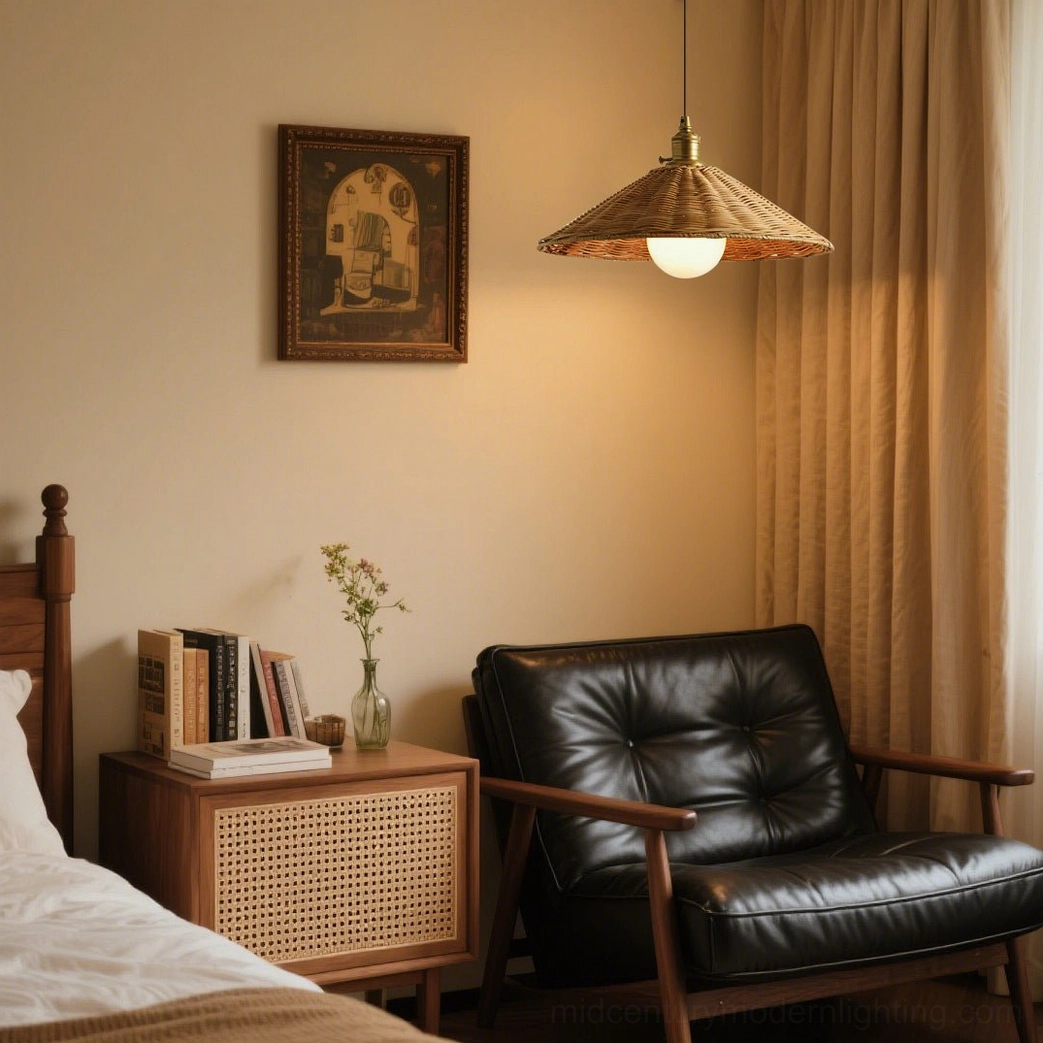 Agoura pendant light hanging in vintage bedroom with leather armchair and warm home decor