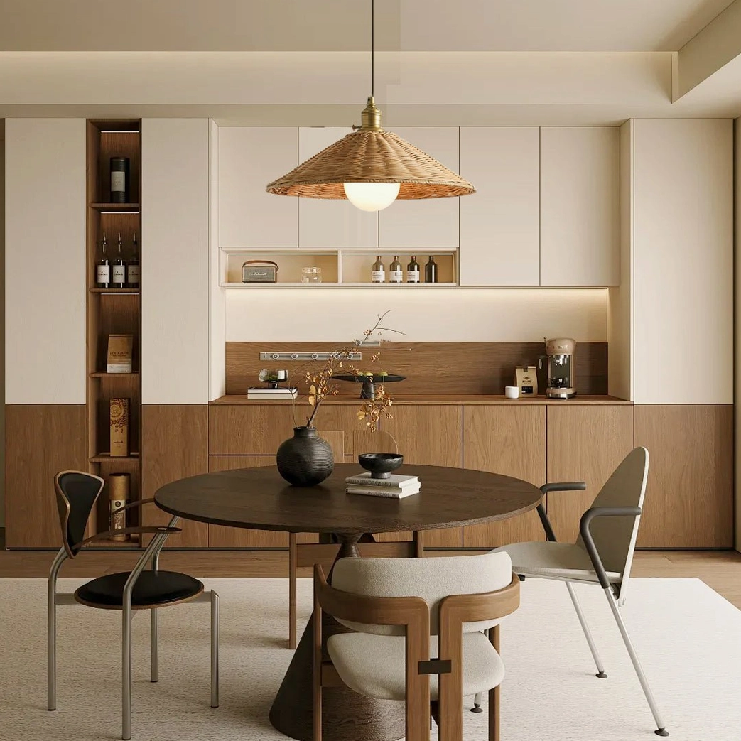Agoura pendant light in modern dining room with wooden table and wabi-sabi interior design aesthetic