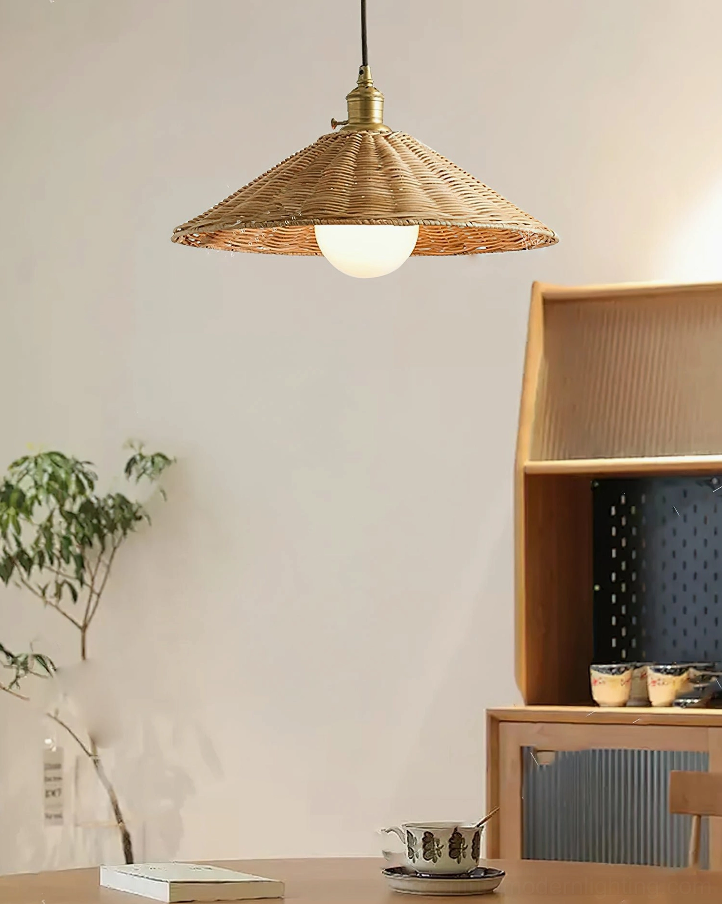 Agoura pendant light in home corner with green plants and shelf, warm ambient atmosphere