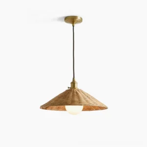 Agoura handwoven rattan pendant light with brushed gold metal fixture, front studio view on white background