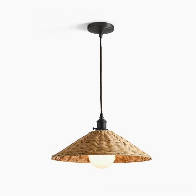 Agoura small handwoven rattan pendant light with matte black metal fixture, front display