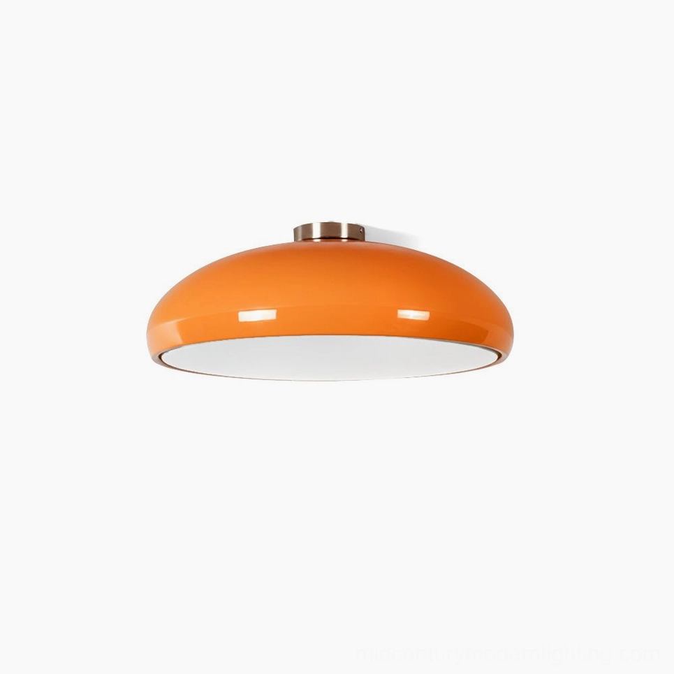 Aicia mid-century modern semi-flush ceiling light with glossy orange dome and polished chrome trim, front view on white background