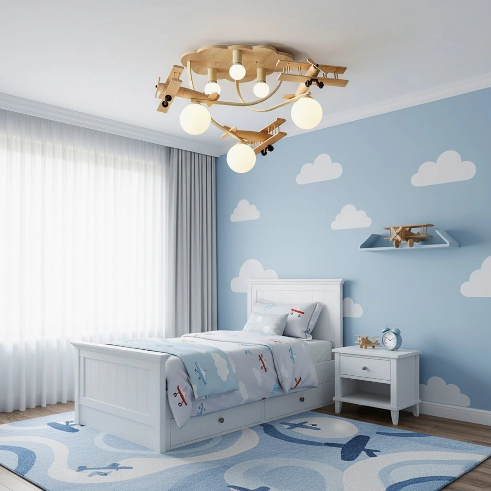 Whimsical aircraft lamp illuminating sky-themed kids bedroom with white bed and airplane printed bedding