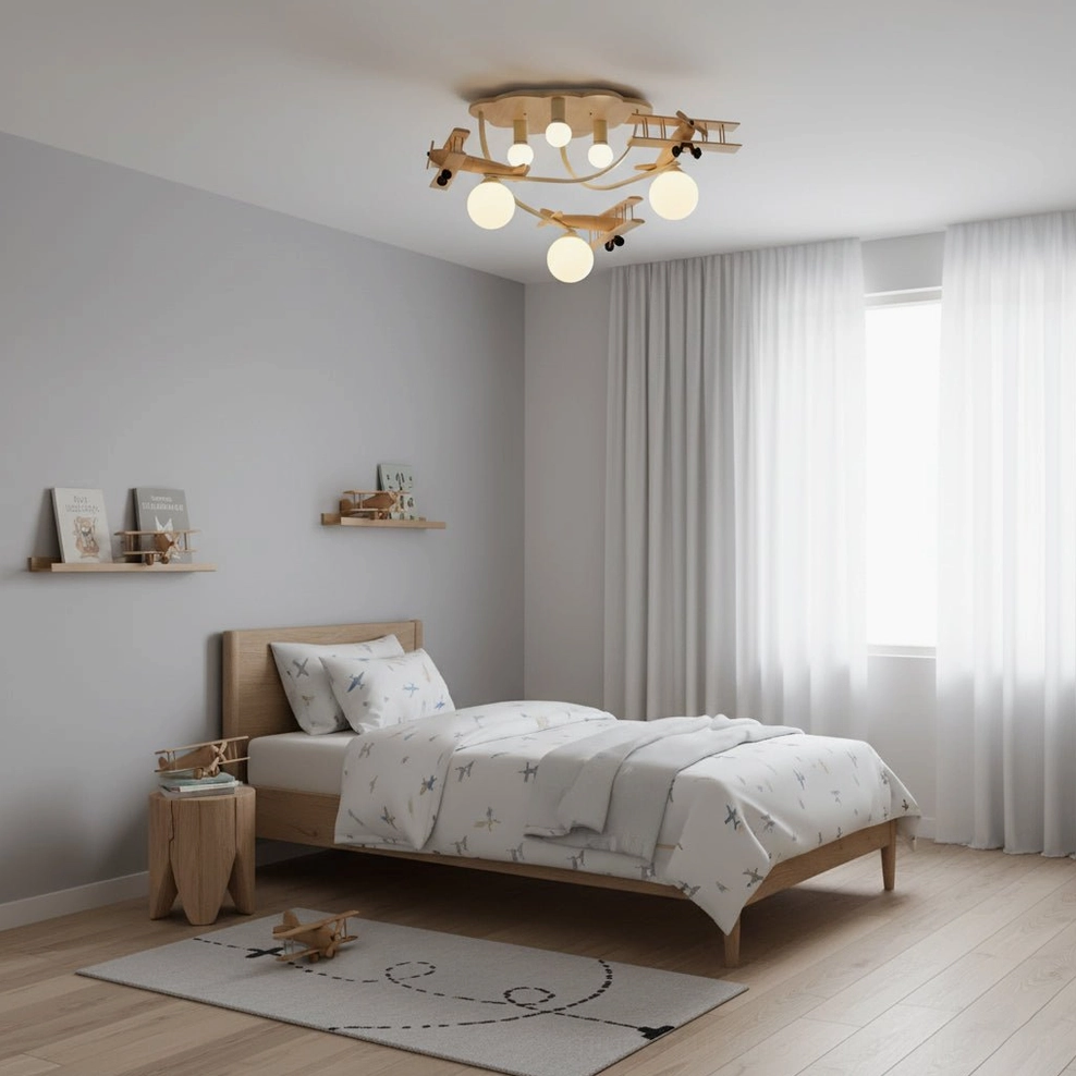 Wooden aircraft ceiling lamp in simple bedroom with light wood bed frame and sheer white curtains, ambient lighting
