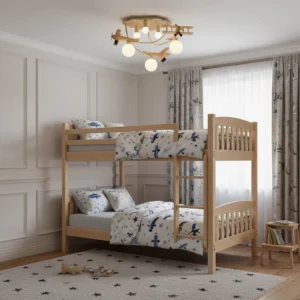 Aircraft ceiling lamp installed in warm, neutral kids bedroom with bunk beds and cozy natural lighting atmosphere