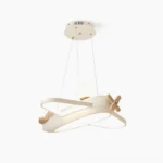 Aircraft pendant lamp cream-white with wooden propeller detail overhead studio view