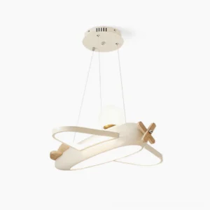 Aircraft pendant lamp cream-white with wooden propeller detail overhead studio view