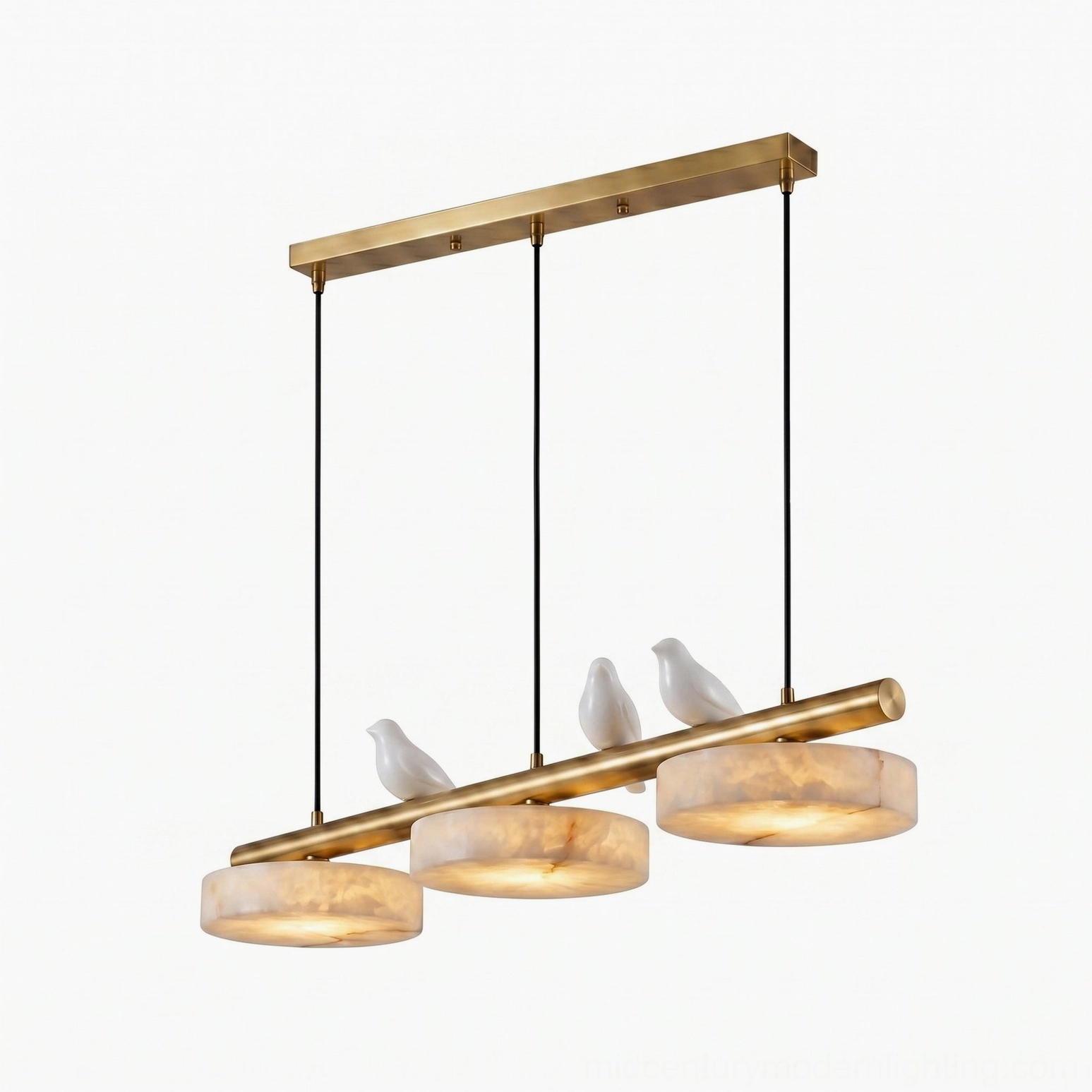 Detail view of sculptural alabaster bird accents and translucent stone discs on brass chandelier