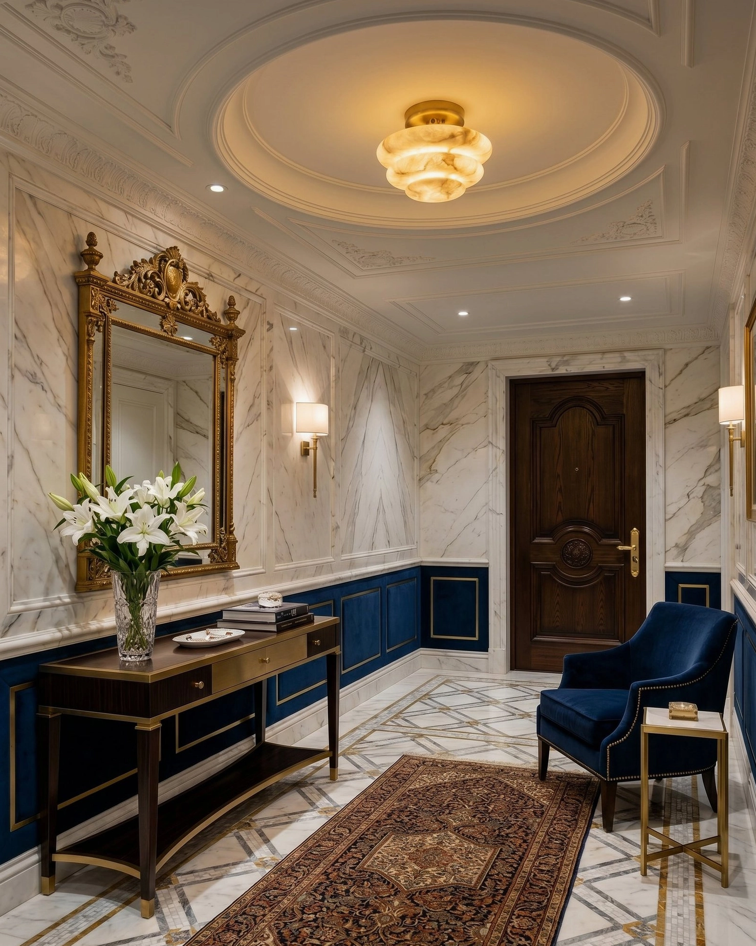 Alabaster tiered ceiling mount in luxury foyer - ornate gold mirror - navy wainscoting - marble entryway