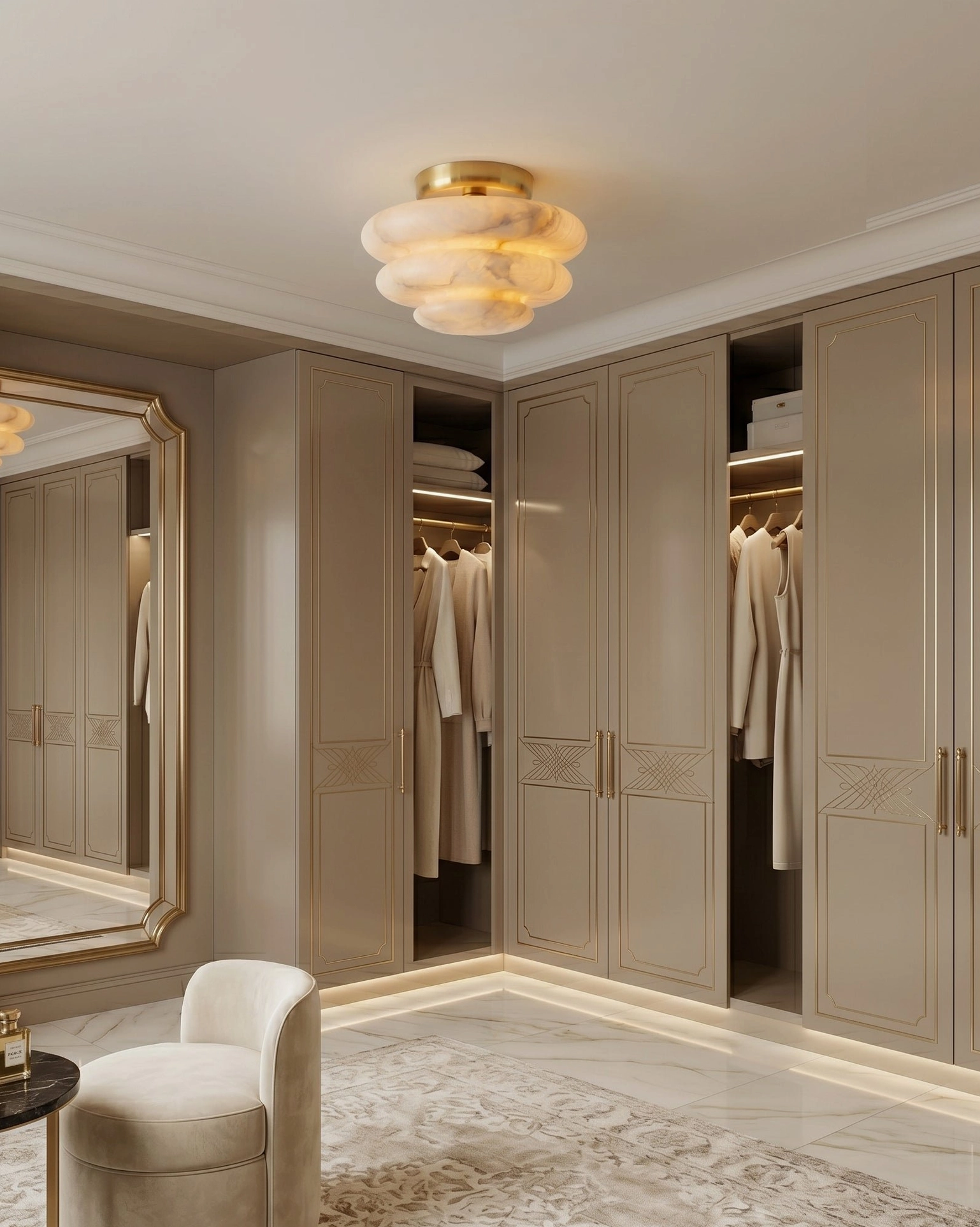 Alabaster flush mount ceiling light in minimalist closet space - light gray cabinetry - soft neutral modern aesthetic
