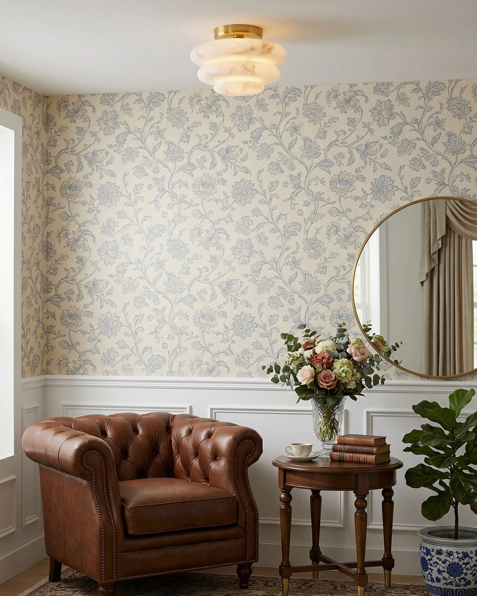 Alabaster ceiling light in elegant bedroom sitting corner - tufted leather armchair - floral wallpaper interior