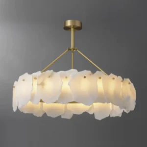 Close-up detail of polished brass and frosted glass alabaster petals - modern pendant chandelier
