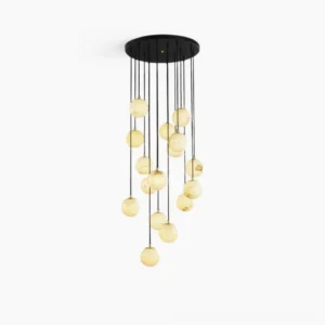 Alabaster ball cluster chandelier with black ceiling mount on white studio background