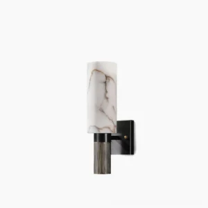 Alabaster cylinder wall lamp with brass base against pure white background, front view showcasing natural stone veining