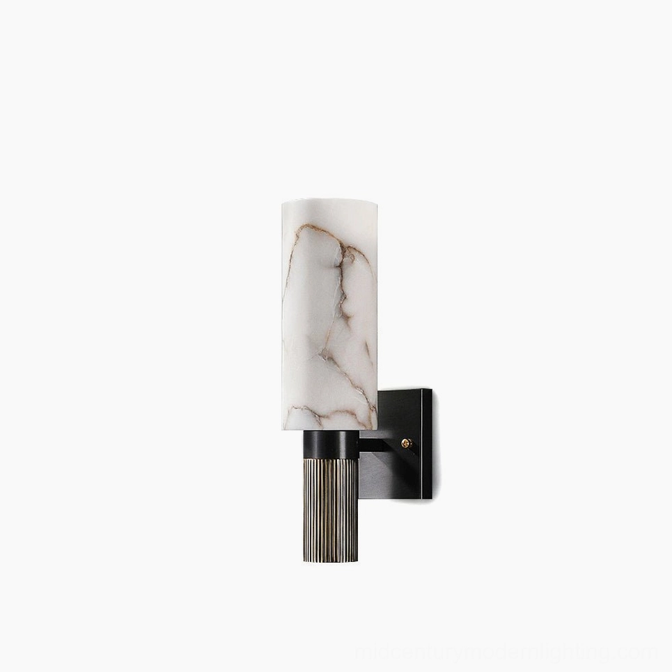 Alabaster cylinder wall lamp with brass base against pure white background, front view showcasing natural stone veining