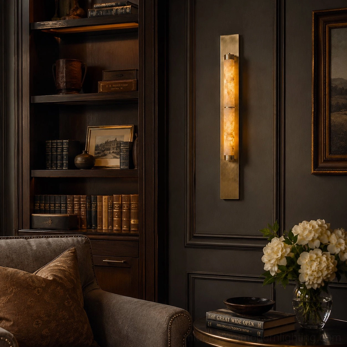 Alabaster cylindrical wall sconce in minimalist modern interior with clean architectural lines