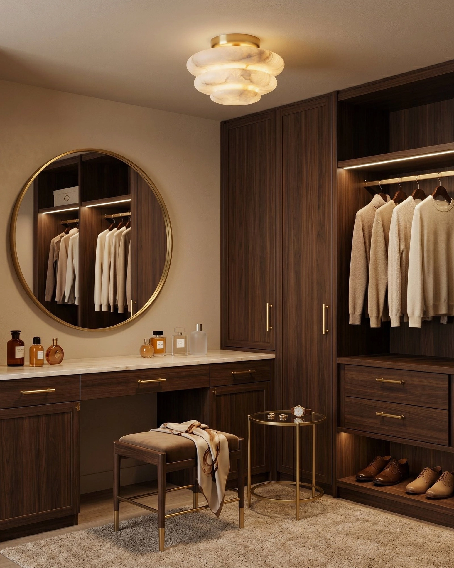 Alabaster ceiling mount above bedroom vanity area - round wall mirror - dark wood vanity furniture